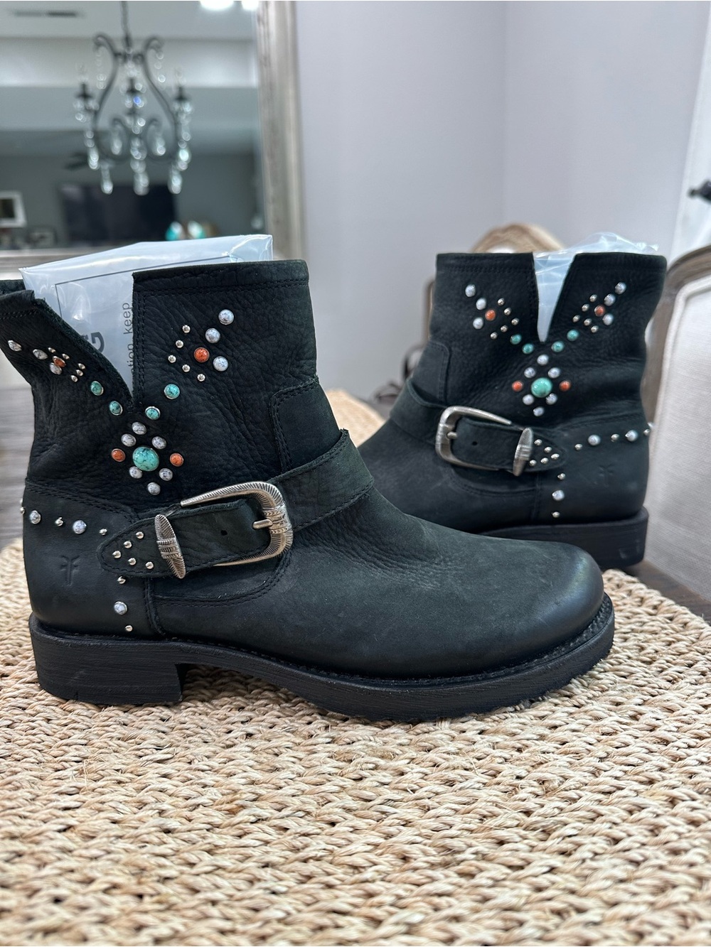 Frye Black Leather Studded Ankle Boots with Turquoise & Copper Accents
